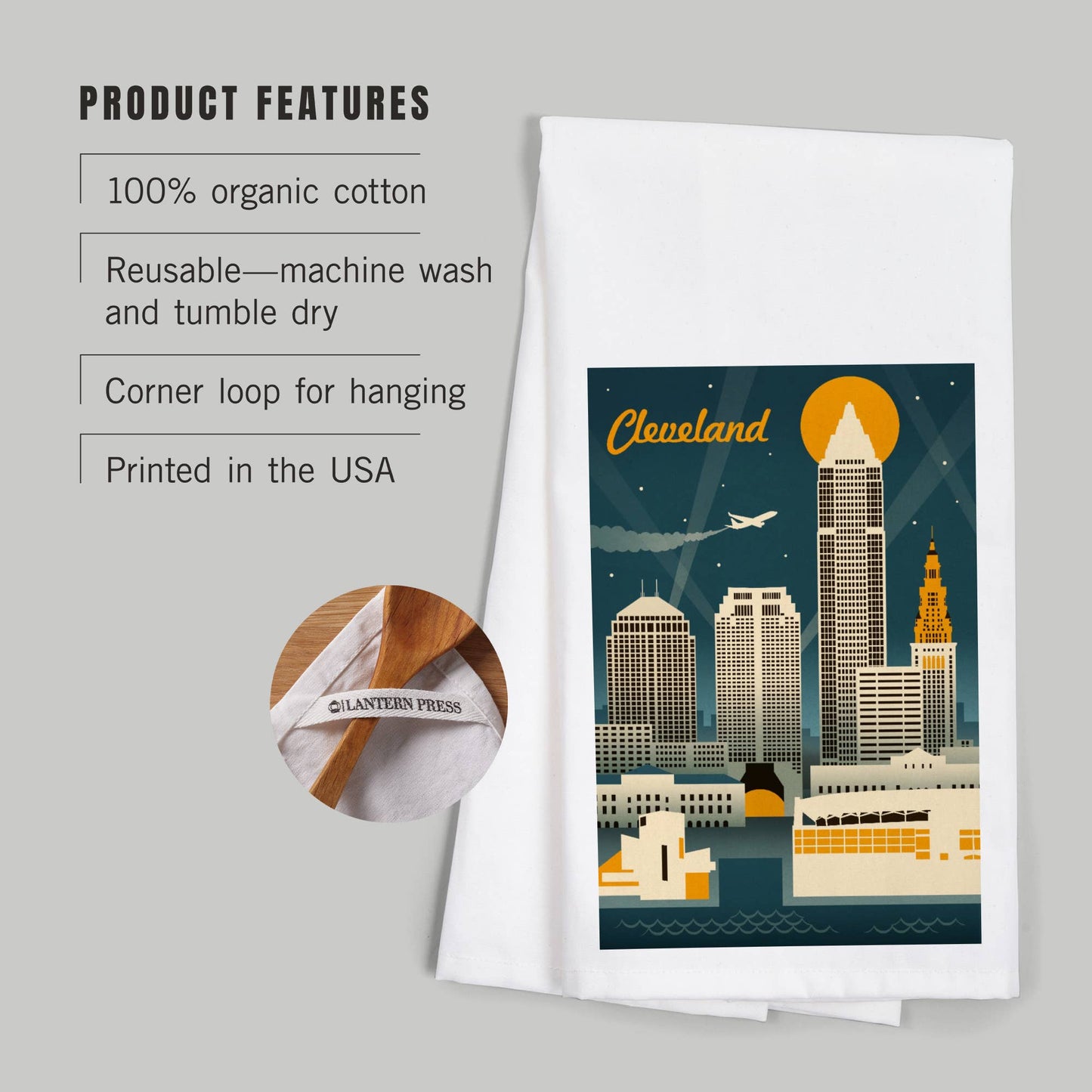 ORGANIC TEA TOWEL Cleveland, Ohio, Retro Skyline
