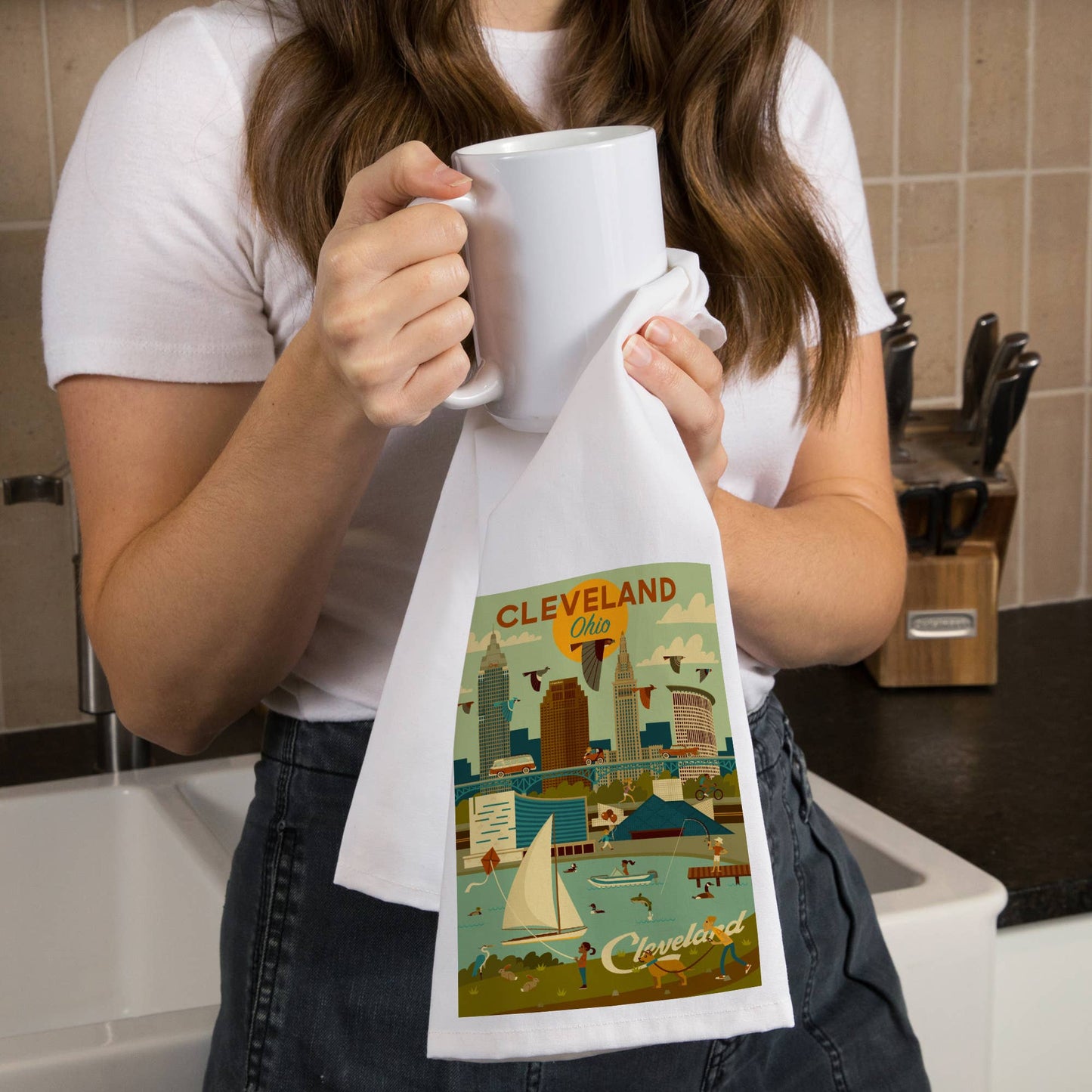 ORGANIC TEA TOWEL Cleveland, Ohio, Geometric, Downtown