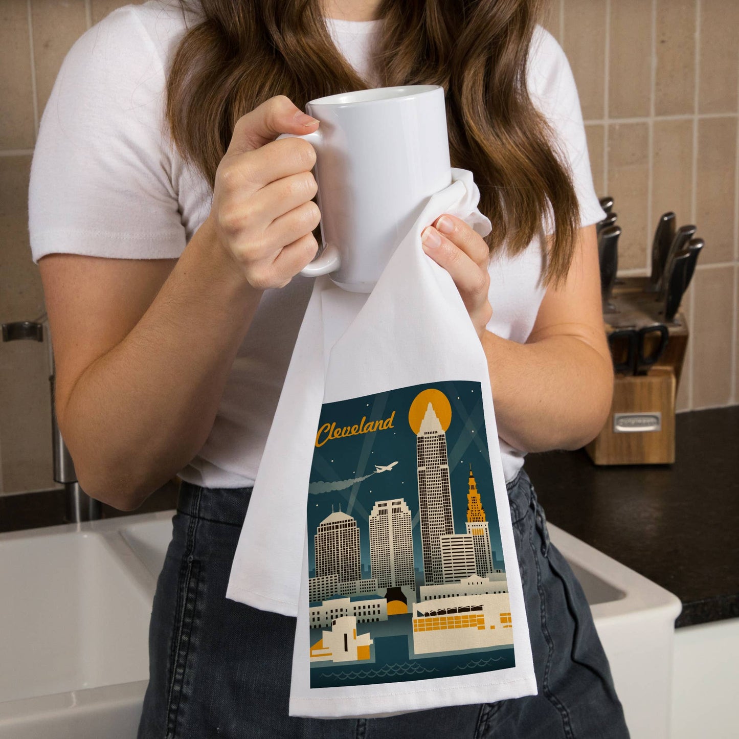 ORGANIC TEA TOWEL Cleveland, Ohio, Retro Skyline