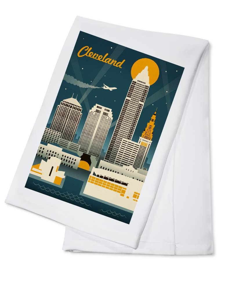 ORGANIC TEA TOWEL Cleveland, Ohio, Retro Skyline