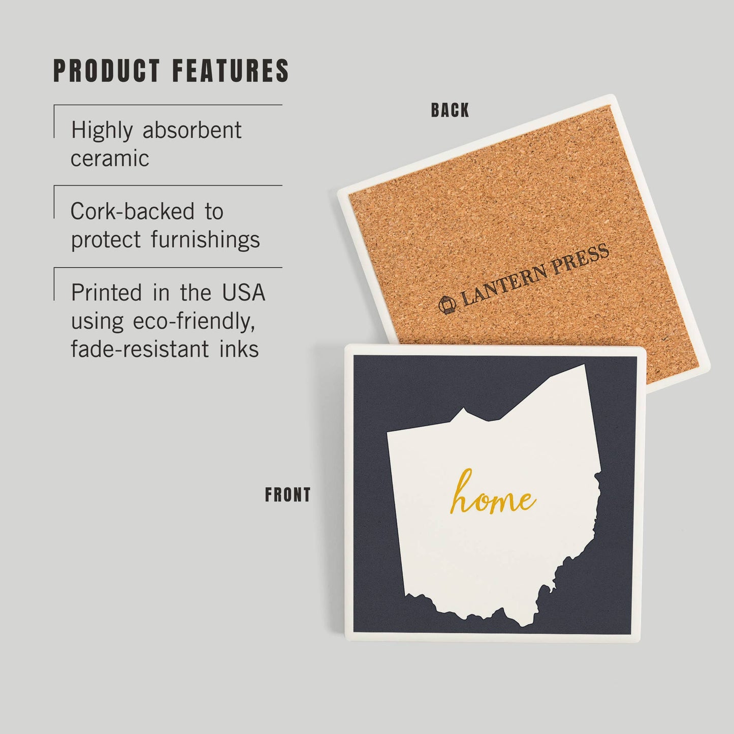 CERAMIC COASTER Ohio, Home State, White on Gray