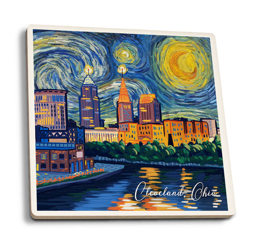 Ceramic Coaster Cleveland, Ohio, Starry Night