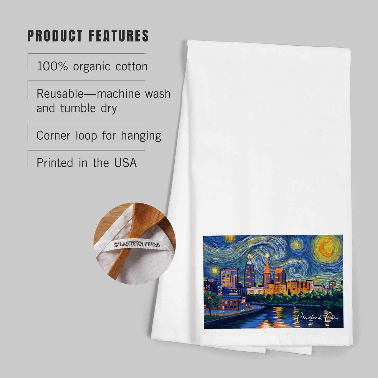 ORGANIC TEA TOWEL Cleveland, Ohio, Starry Night