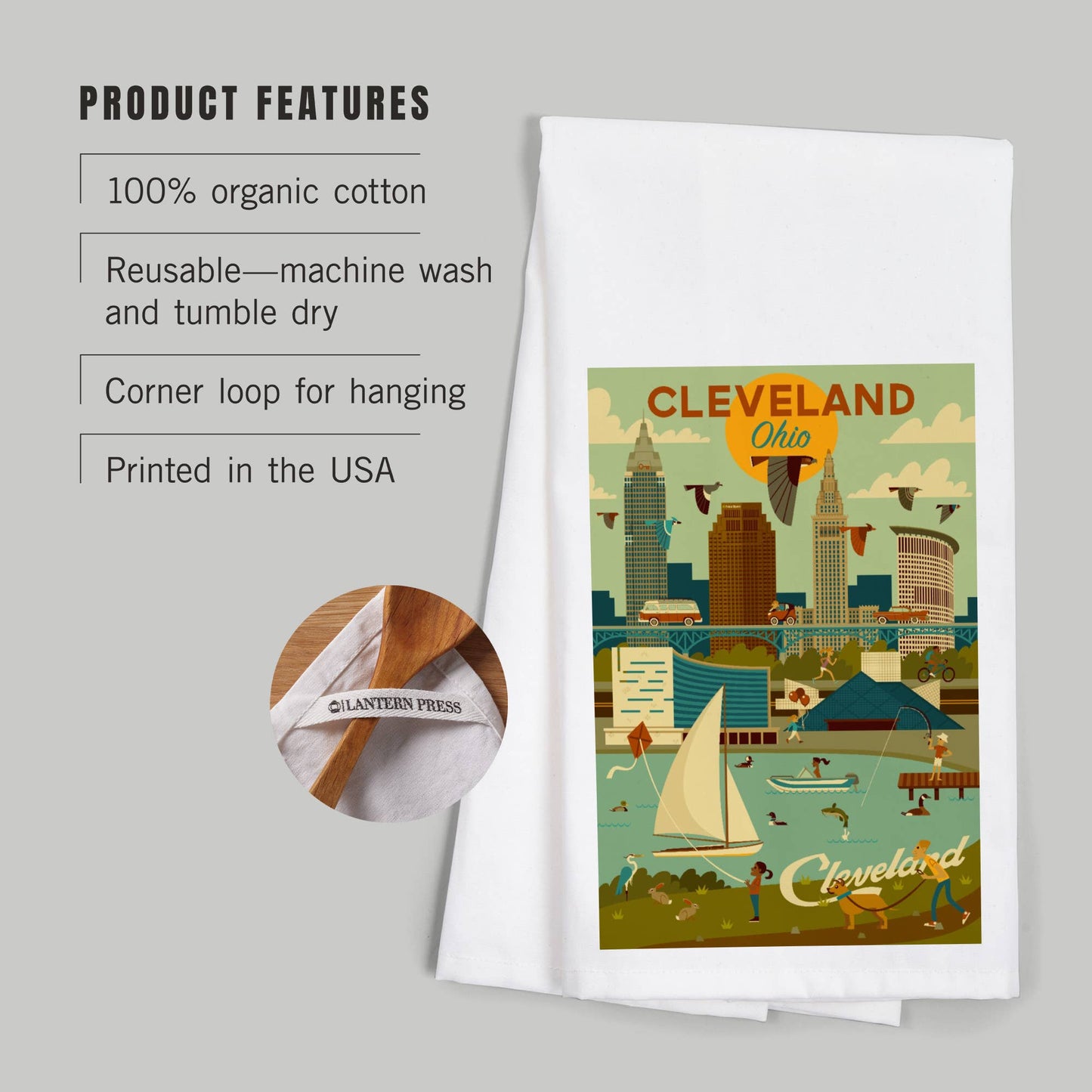 ORGANIC TEA TOWEL Cleveland, Ohio, Geometric, Downtown